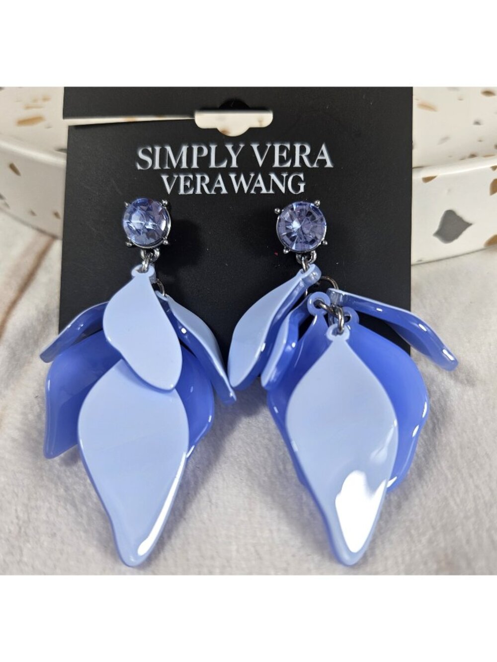 Simply Vera Wang White Bloom Blue Petal Floral Drop Dangle Earrings New Romantic
